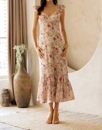 STORIA Floral Ruffle Strap Midi Dress in beige - women's dress - detail view