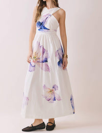 TCEC Floral Print Cross Halter Neck Midi Dress in off white - women's dress - detail view