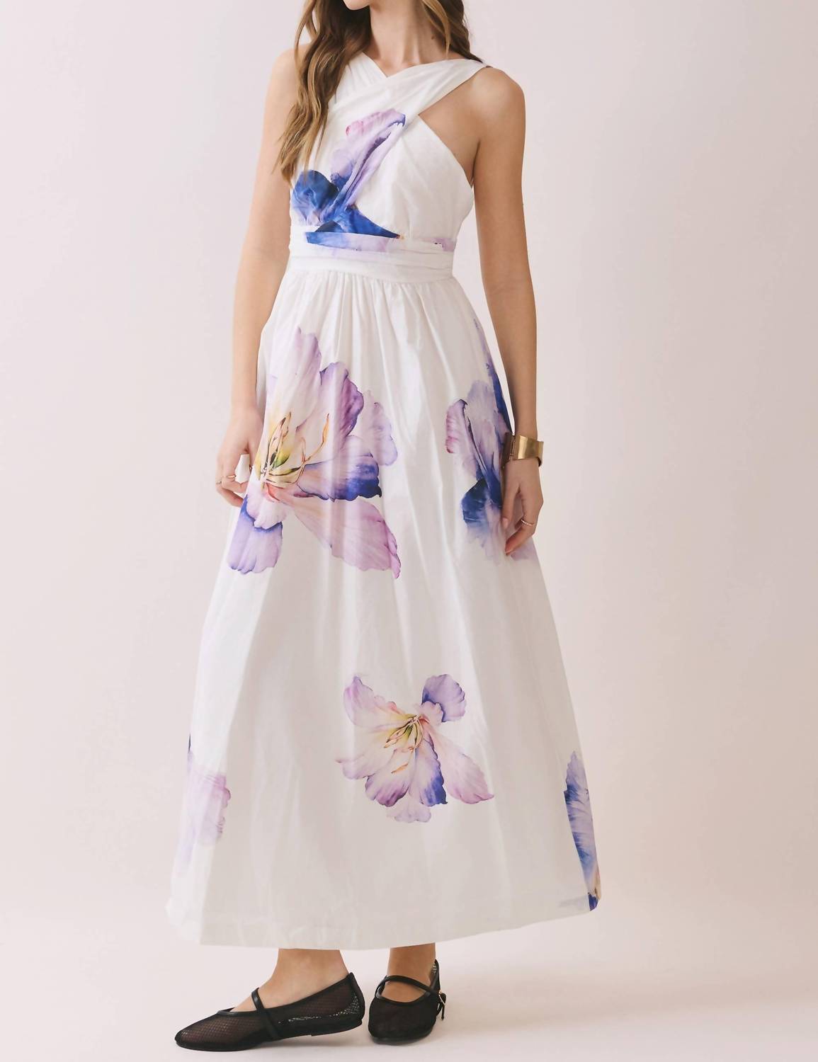 TCEC Floral Print Cross Halter Neck Midi Dress in off white - women's dress - detail view