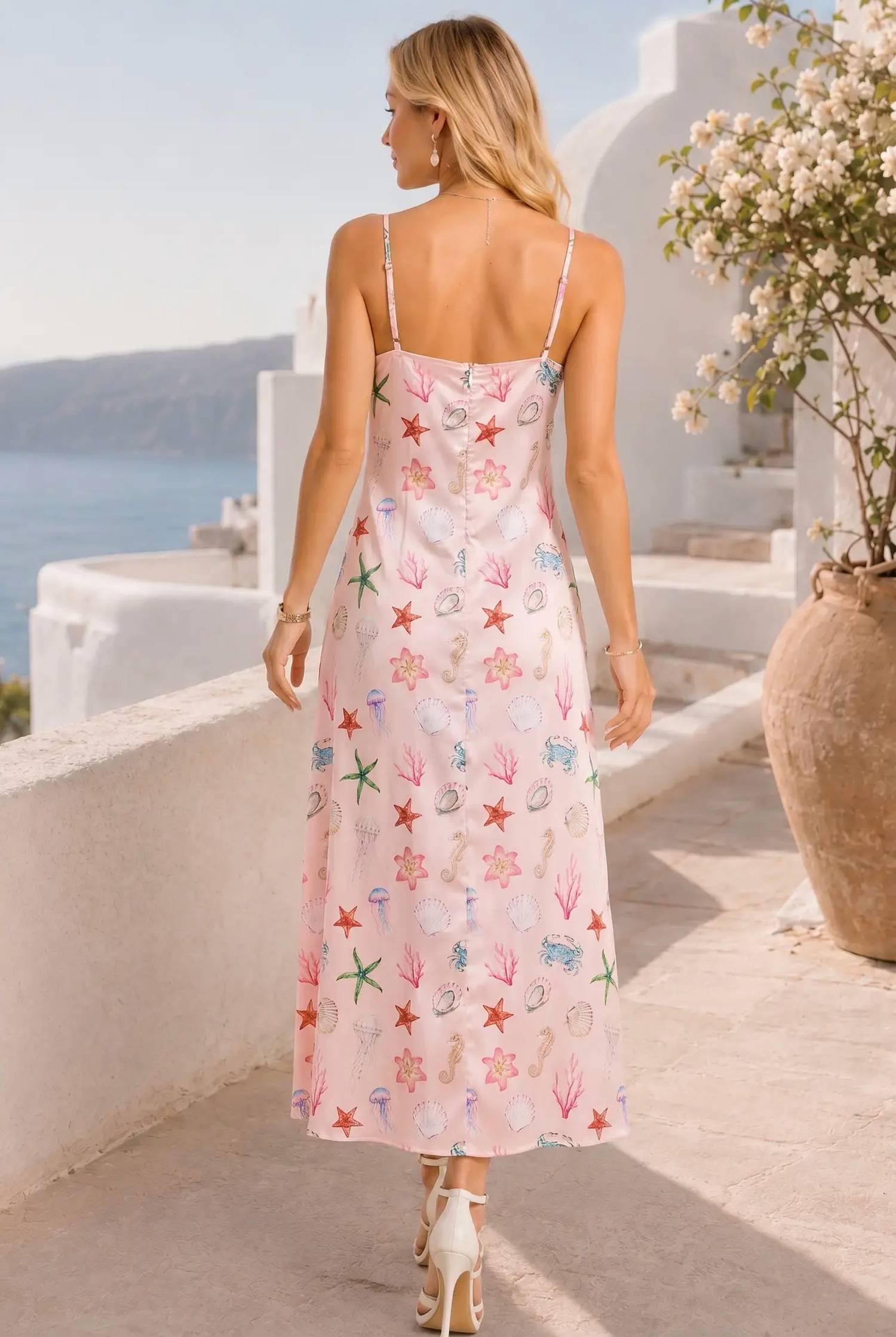 Main Strip - Seashell Coastal Print Slip Midi Dress