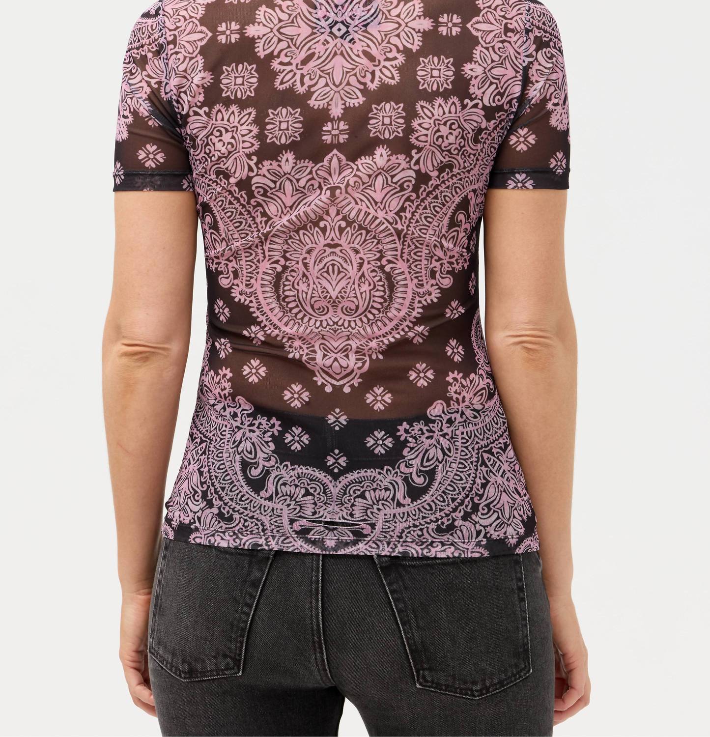 Johnny Was ELEANOR SHORT SLEEVE MESH TEE in tularose black - women's t-shirt - detail view