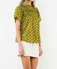 THML Puff Sleeve Print Top in green - women's blouse - alternate view