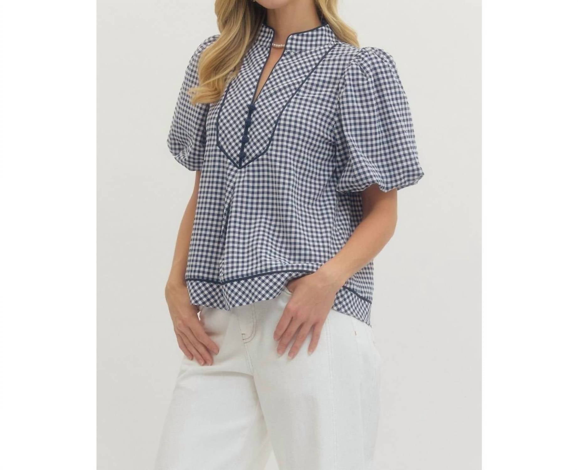 Style Usa - Cambridge Gingham Puff Sleeve Blouse