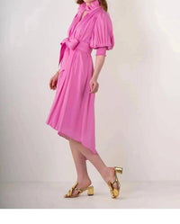 Emily McCarthy Puff Short Sleeve Rowan Midi Dress in fuchsia - women's dress - alternate view