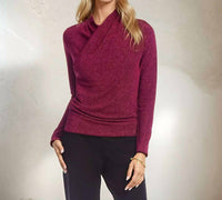 Karen Kane Long Sleeve Metallic Crossover Side-Shirred Top in magenta - women's blouse - view 4