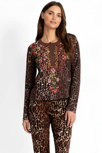 Johnny Was Mixed Media Henley T Shirt Top in leopard - women's long sleeve top - alternate view