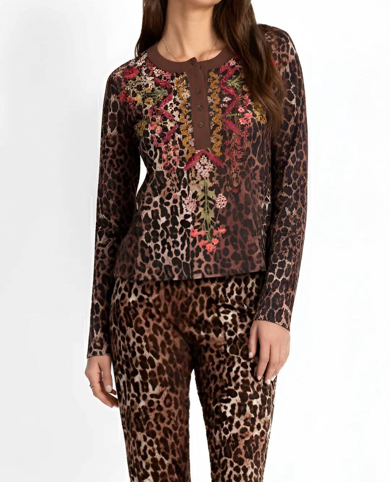 Johnny Was Mixed Media Henley T Shirt Top in leopard - women's long sleeve top - detail view