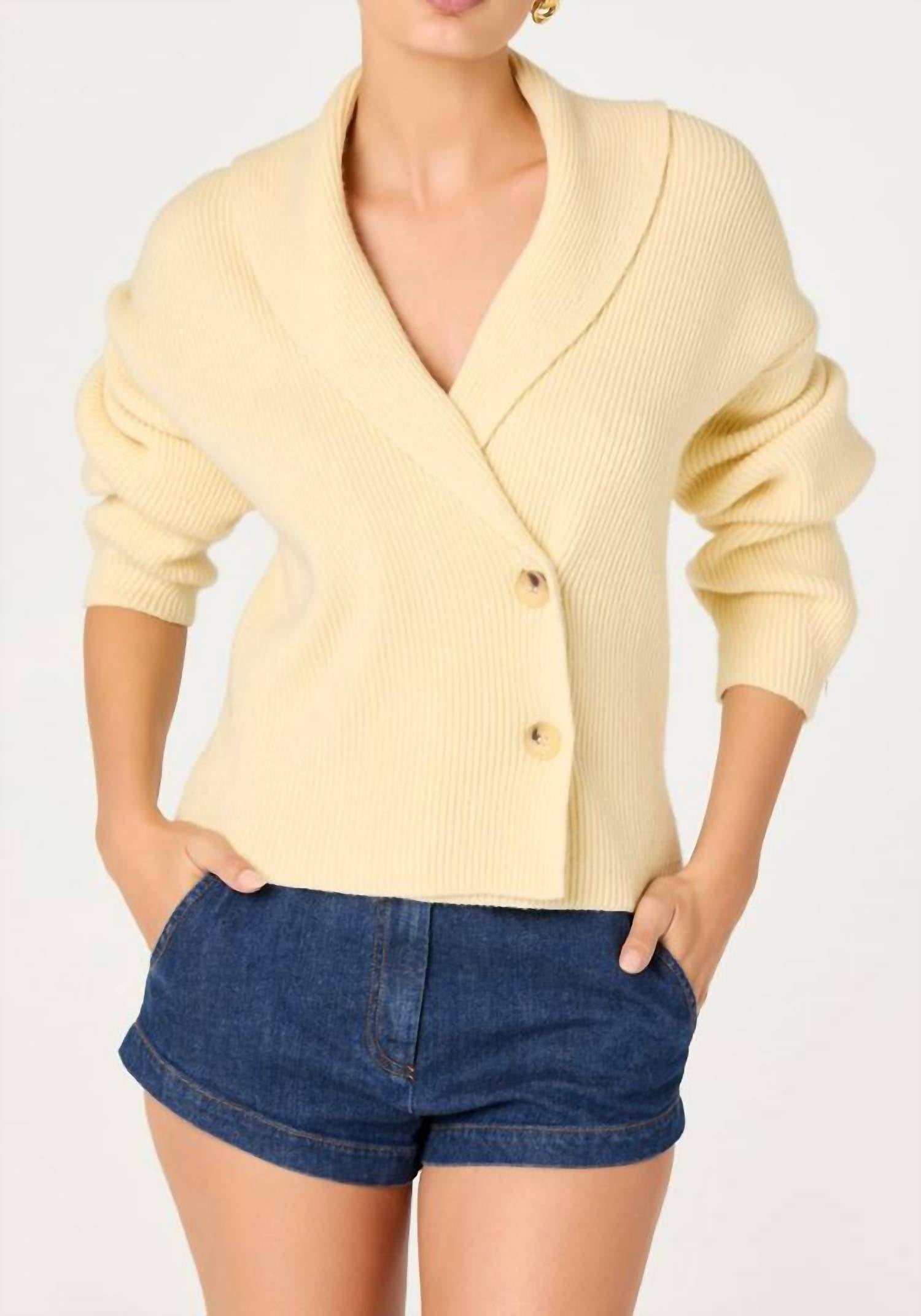 ASTR Ayleen Cardigan Sweater Top in butter yellow - women's cardigan - detail view