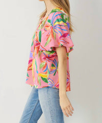 Entro - Floral Bubble Sleeve Blouse - Plus