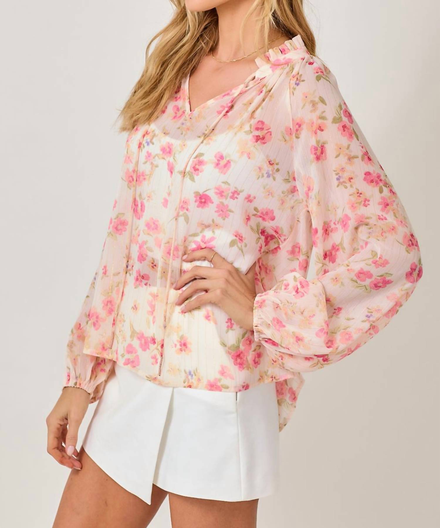 Mystree - Bubble Sleeve Lurex Ruffle Collar Blouse