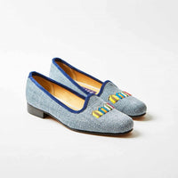 Bowhill & Elliott - Women's Denim Linen Pumps with Embroidered Beach Huts