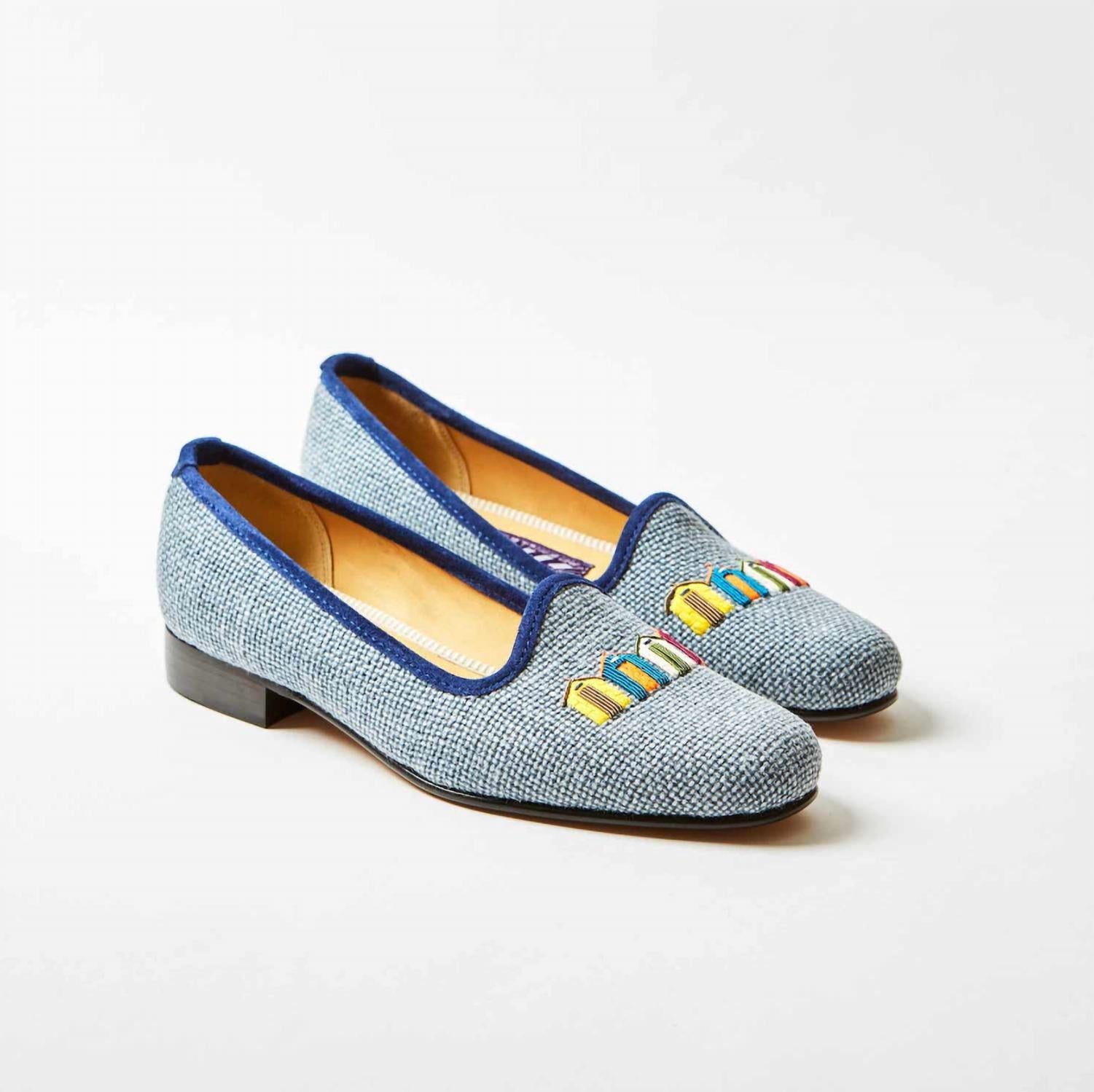 Bowhill & Elliott - Women's Denim Linen Pumps with Embroidered Beach Huts