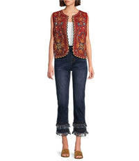 JOHN MARK Embroidered Velvet Beaded Floral Patchwork Vest in terracotta - women's jacket - alternate view