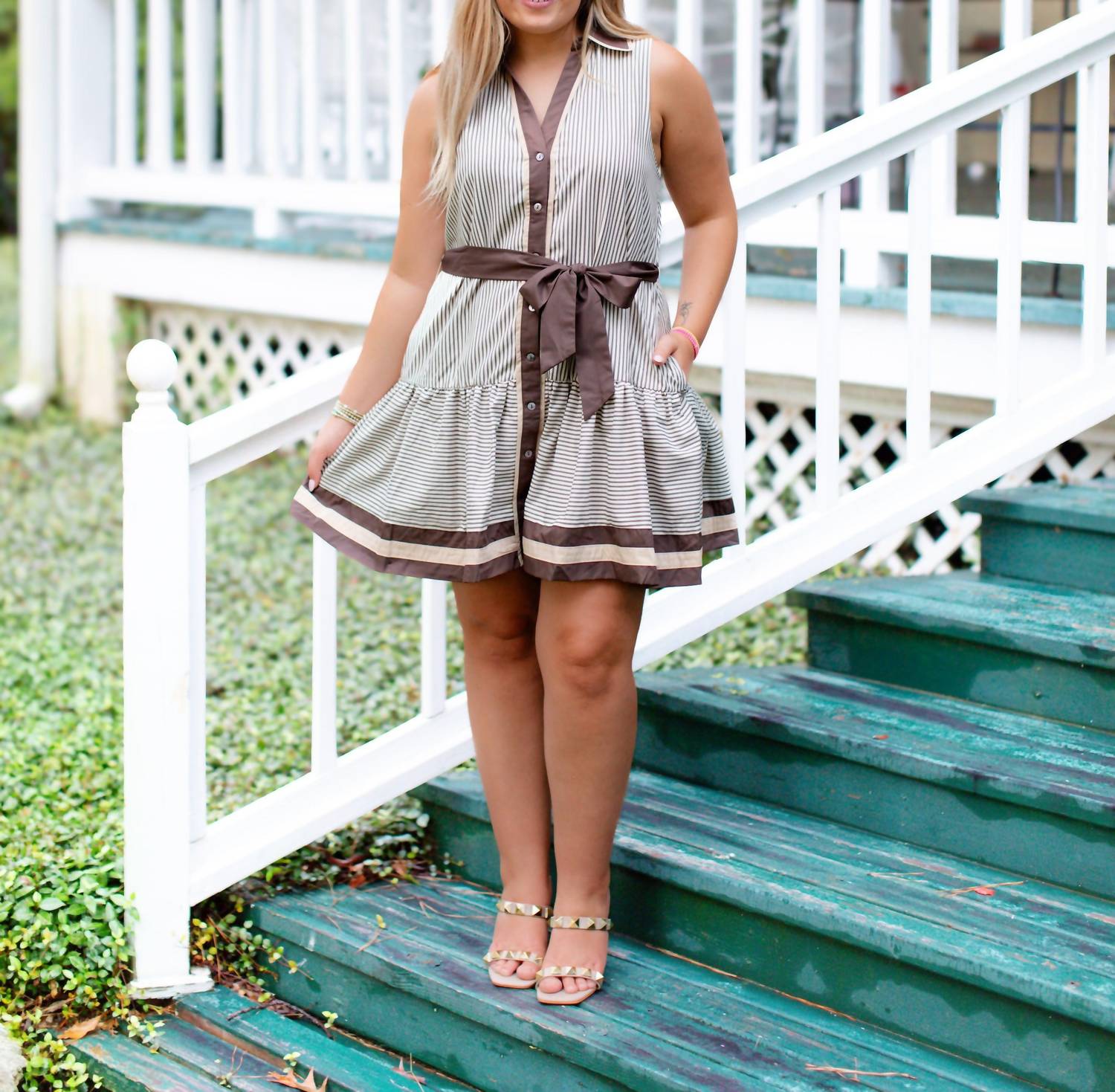 entro Striped Collard V Neck Button Down Dress With Tie Belt in mocha and cream - women's dress - view 5