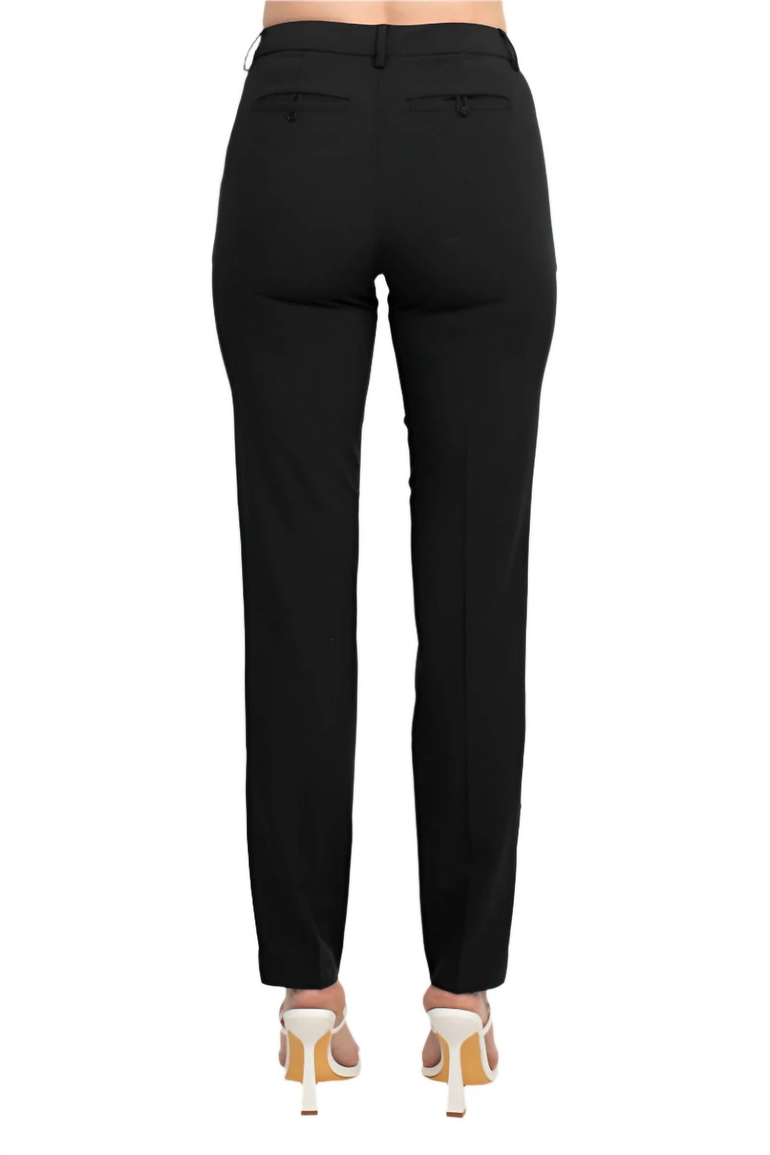 Ecru - Women's Mid Waist Hook Button Zip Closure Belt Hoop Straight Solid Crepe Pants