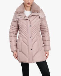 London Fog - Zip-front Hooded Puffer Jacket With Button-off Fur Collar
