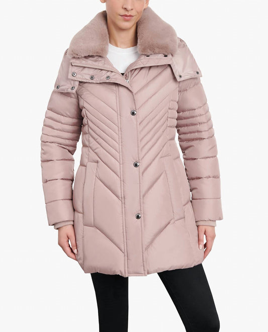London Fog - Zip-front Hooded Puffer Jacket With Button-off Fur Collar