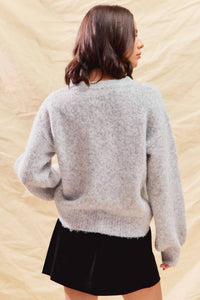 So Me Brent Bow Sequin Holiday Sweater Top in heather grey - women's sweater - detail view