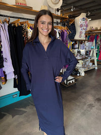 P.CILL Collared Long Sleeve Midi Dress in navy - women's dress - detail view
