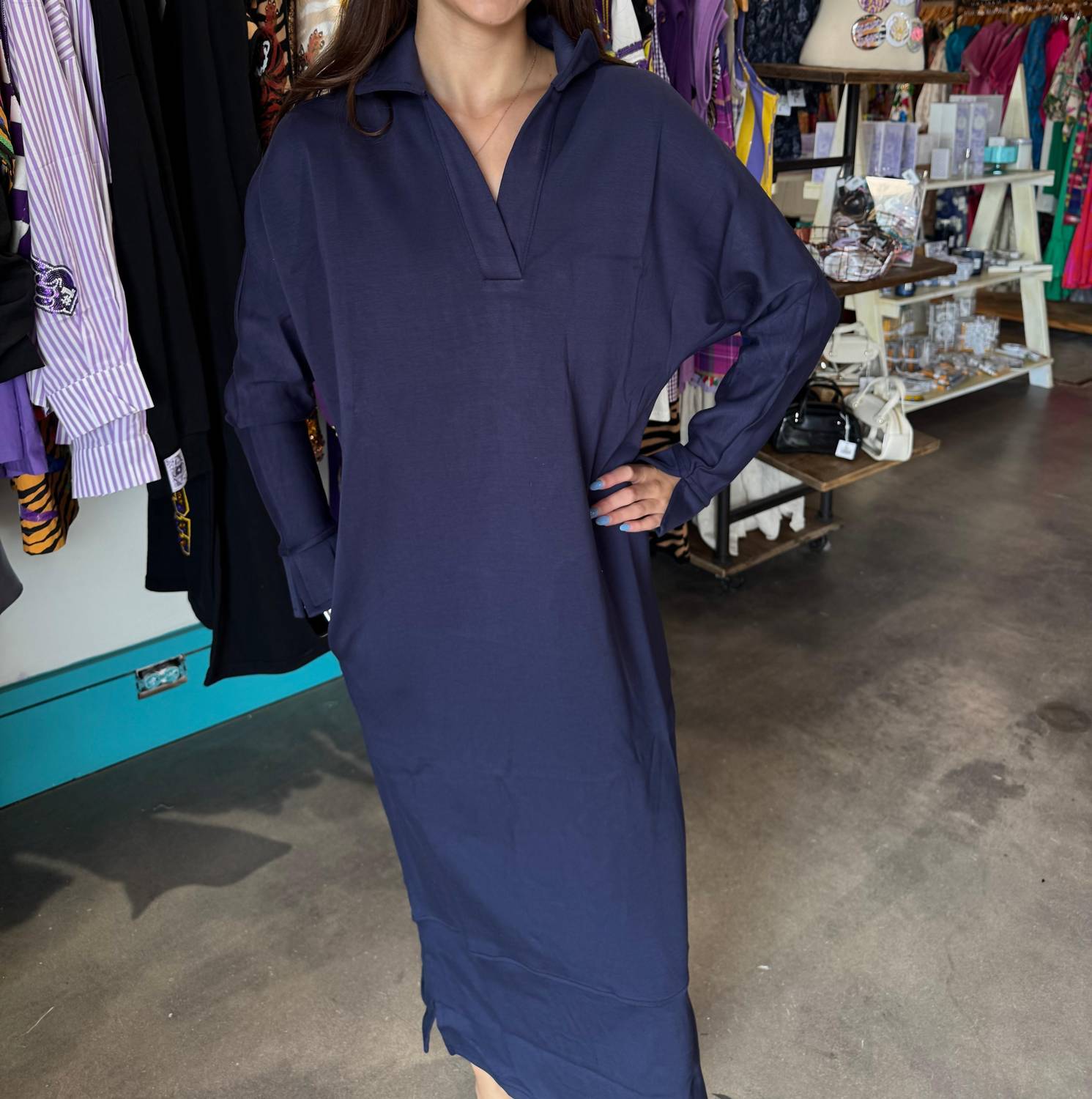 P.CILL Collared Long Sleeve Midi Dress in navy - women's dress