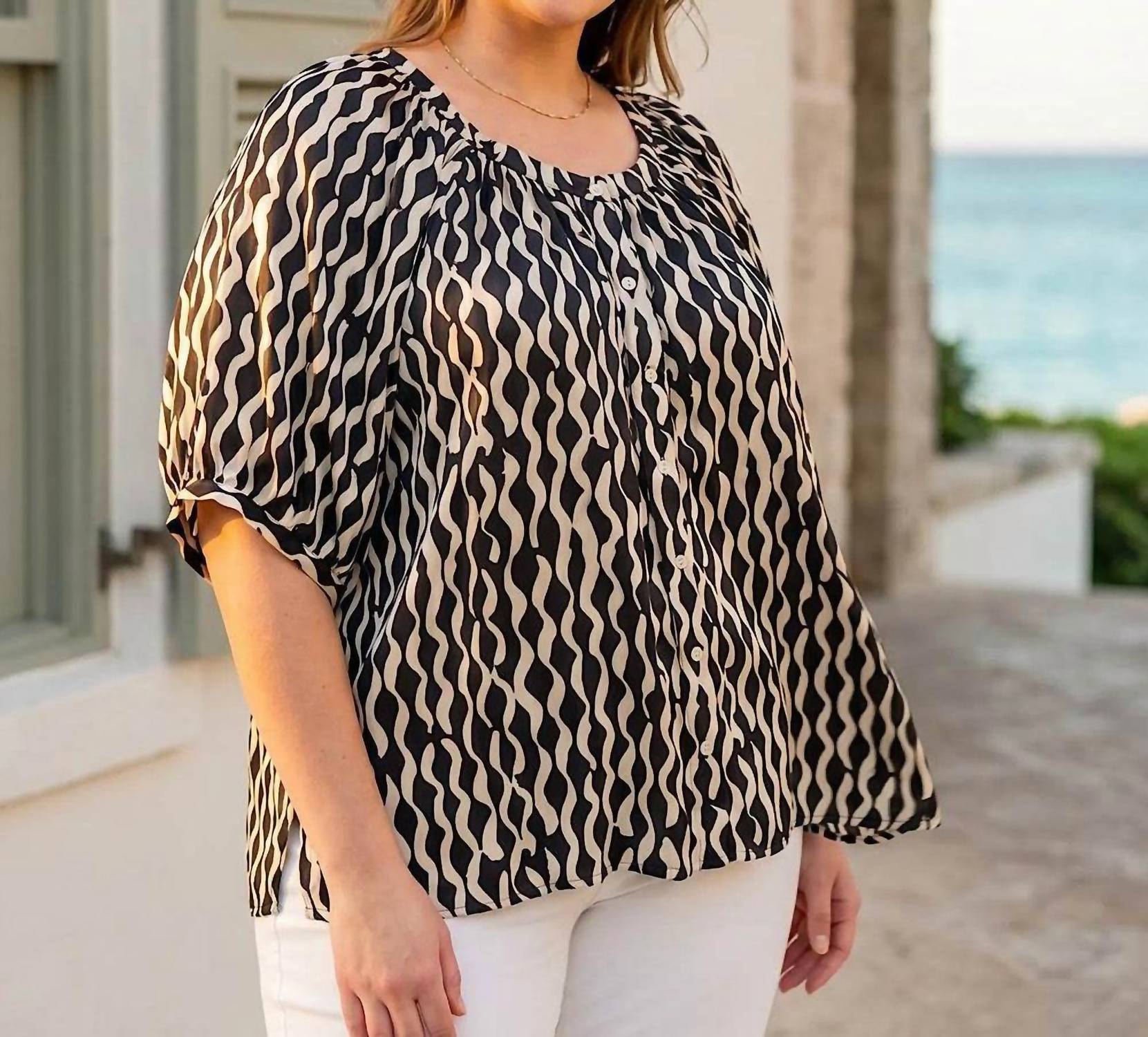 Karen Kane - Satin Short Sleeve Peasant Top - Plus