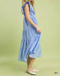 Umgee - Seersucker Ruffle Sleeve Tiered Midi Dress