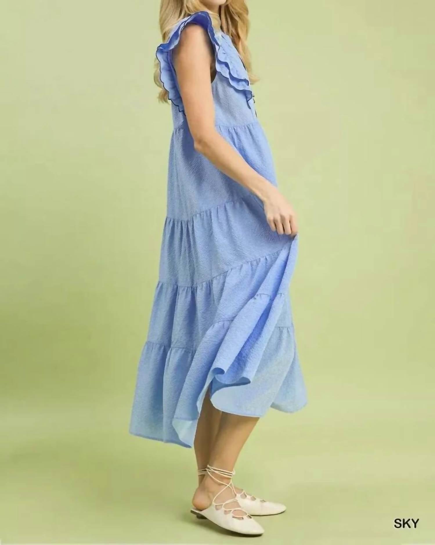 Umgee - Seersucker Ruffle Sleeve Tiered Midi Dress
