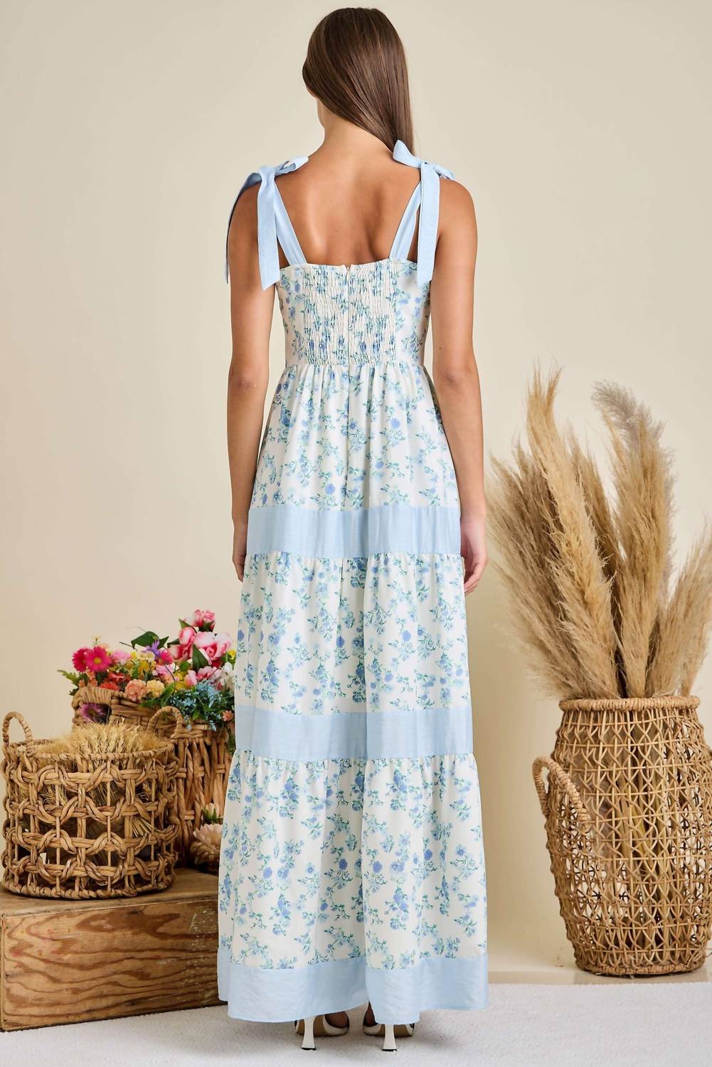 Main Strip - Floral Printed Maxi Shoulder Tie Dress