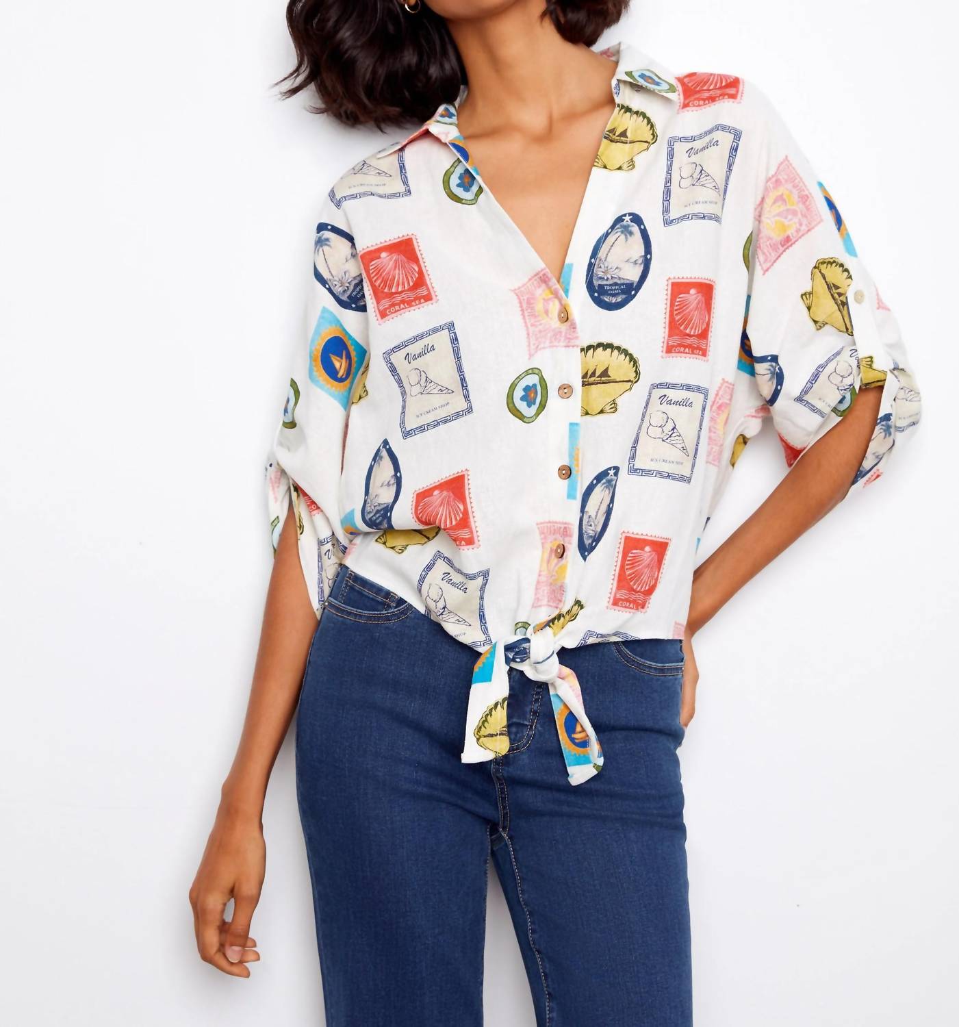 Charlie B - Printed Linen Blend Front-tie Blouse With Roll-up Sleeves