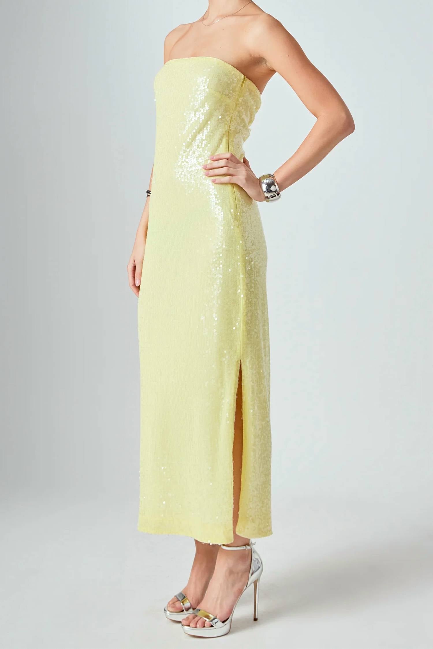 2.7 AUGUST APPAREL Strapless Sequin Maxi Dress in yellow - women's dress - detail view