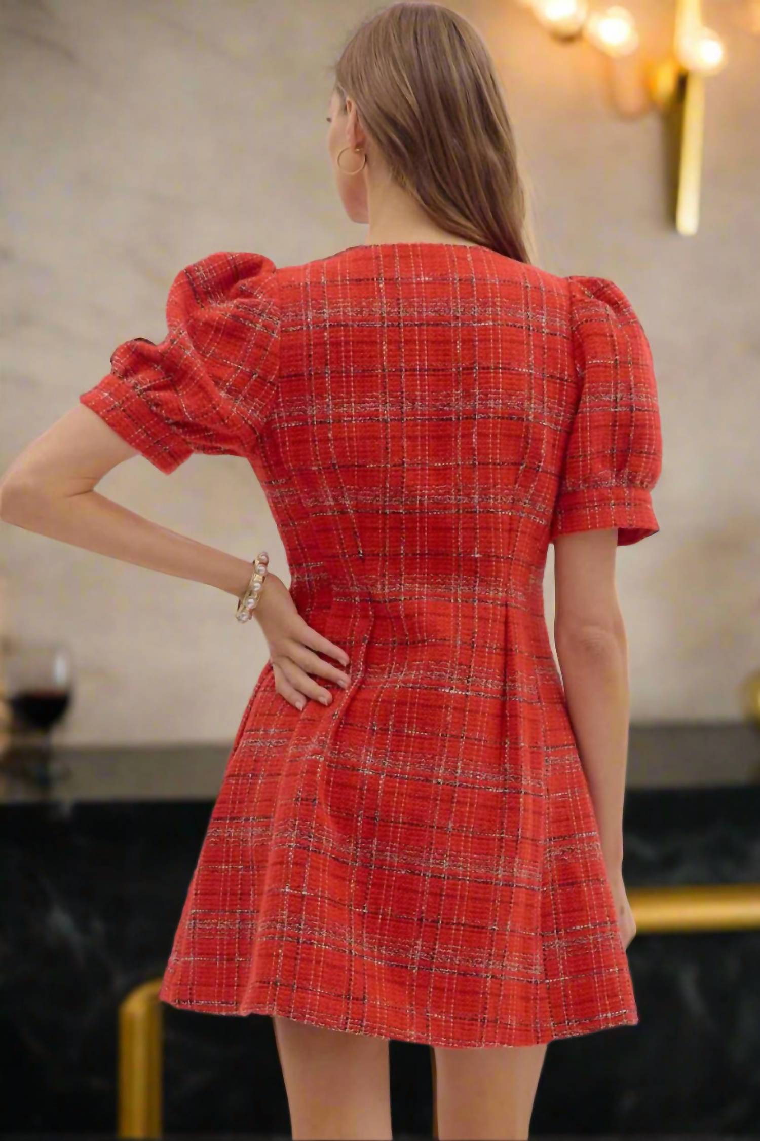 entro Plaid Puff Sleeve Mini Dress With Front Zip in red - women's dress - detail view