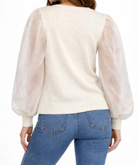 DESIGN HISTORY Sheer Sleeve Cardigan in winter white - women's cardigan - detail view