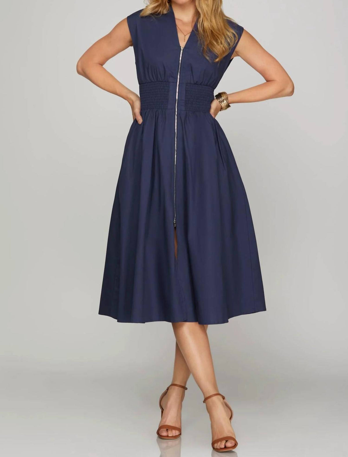 She + Sky - Drop Shoulder Front Zip Midi Dress