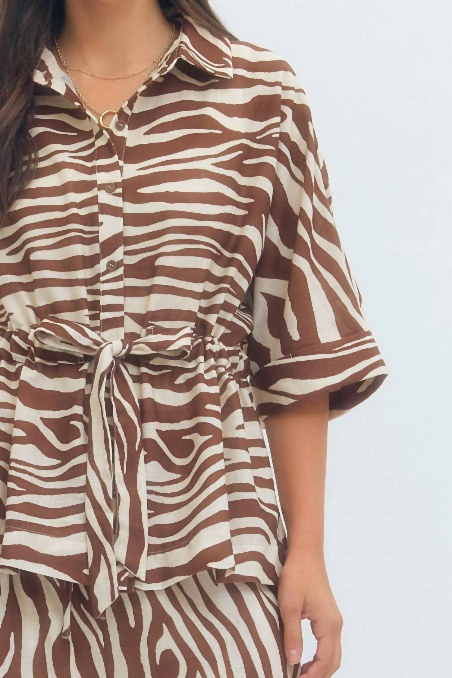 Entro - Elizabeth Zebra Print Drawstring Waist Top