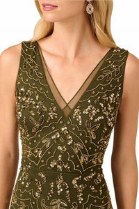 Adrianna Papell - V-neckline A-line Midi Dress