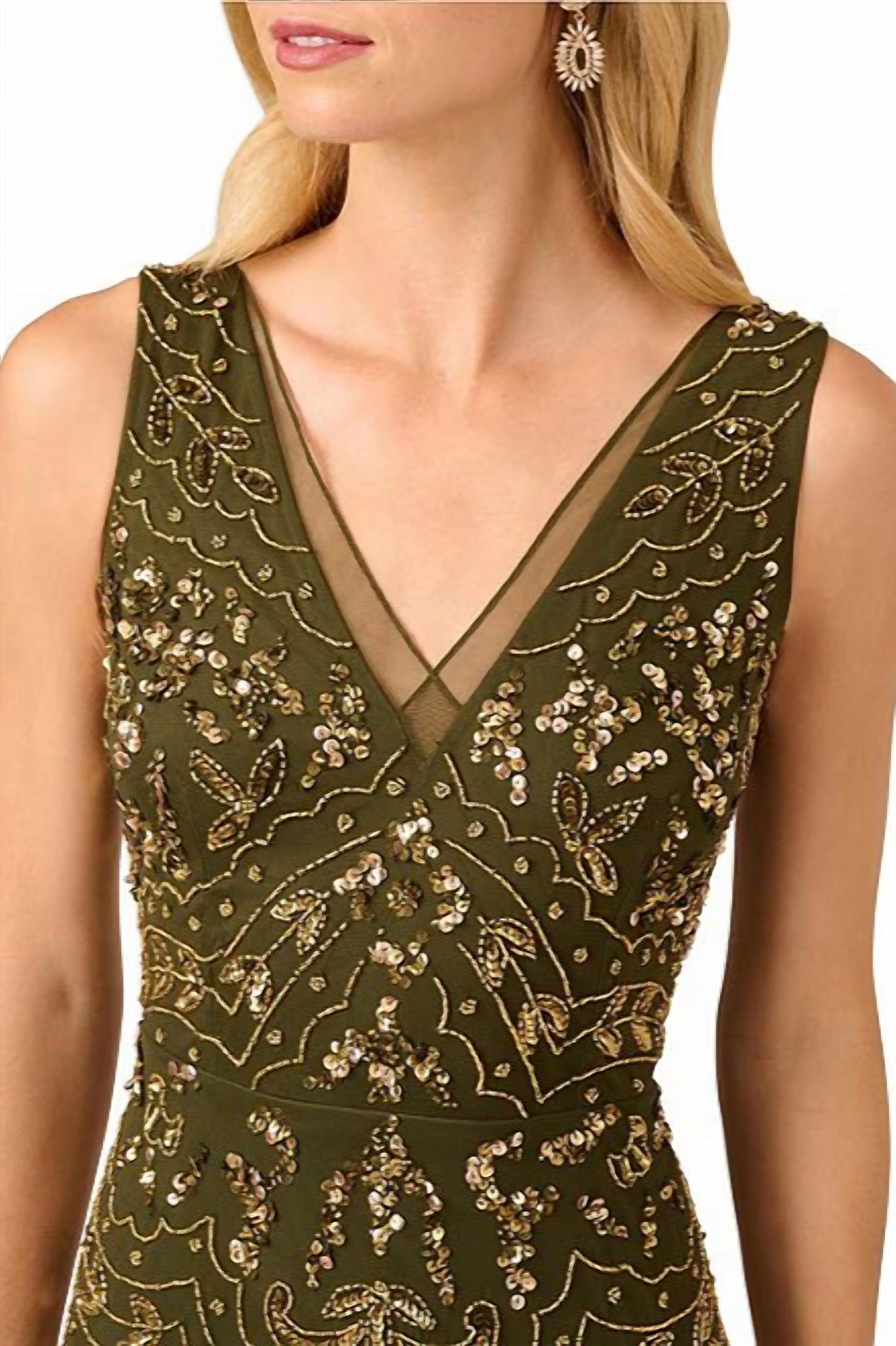 Adrianna Papell - V-neckline A-line Midi Dress