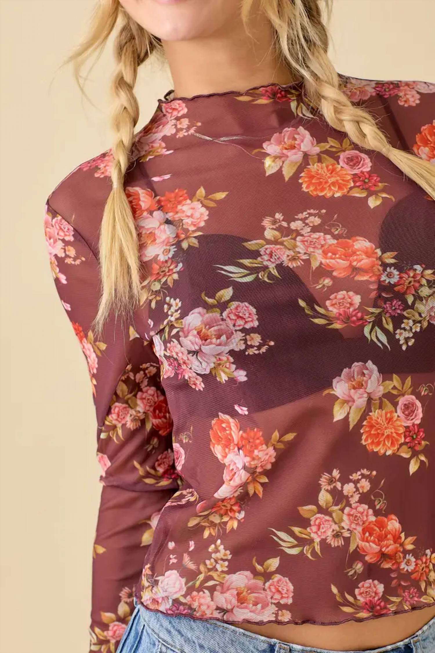 Main Strip - Floral Printed Long Sleeve Mesh Top