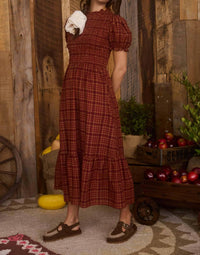 Blu Pepper - Plaid Short Puff Sleeve Smocked Midi Dress