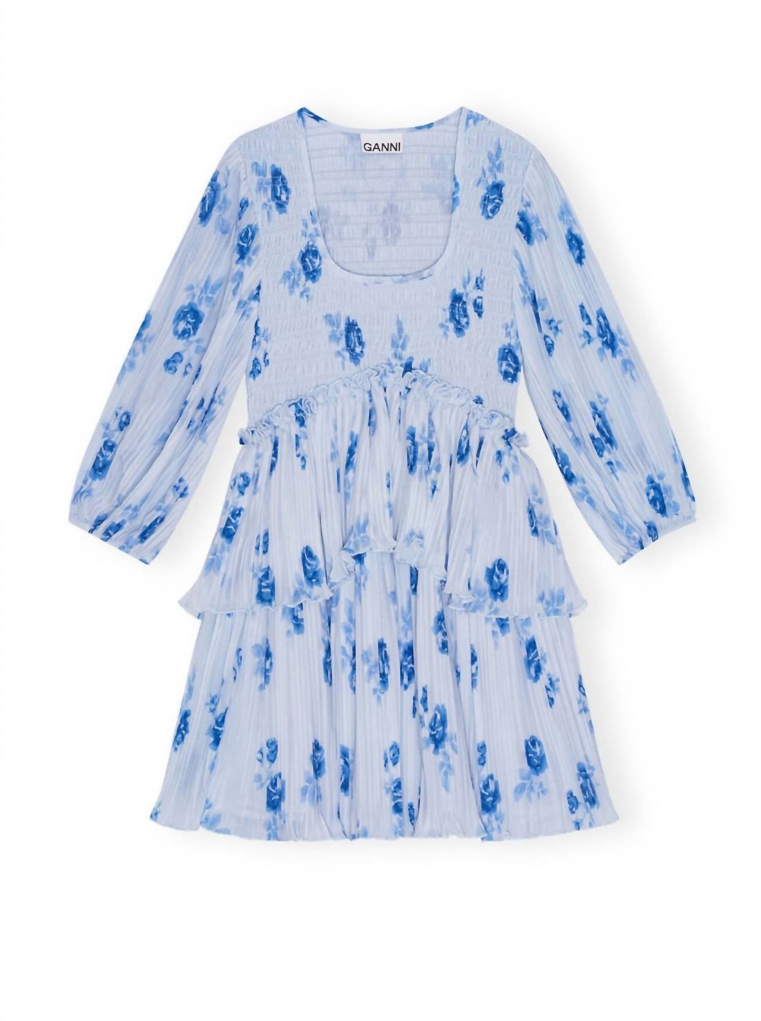 Ganni - Pleated Georgette Flounce Smock Mini Dress