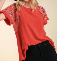 Umgee - Embroidered Sleeve Frayed Ruffle Trim Top