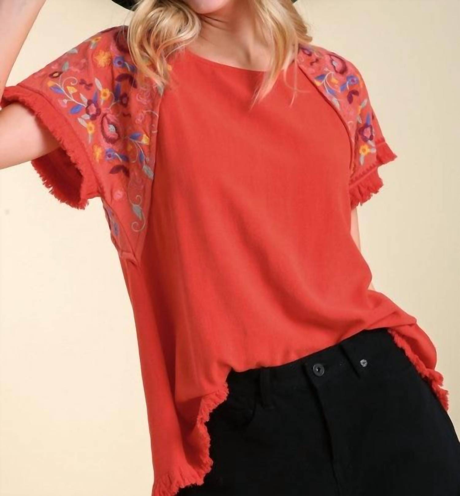 Umgee - Embroidered Sleeve Frayed Ruffle Trim Top