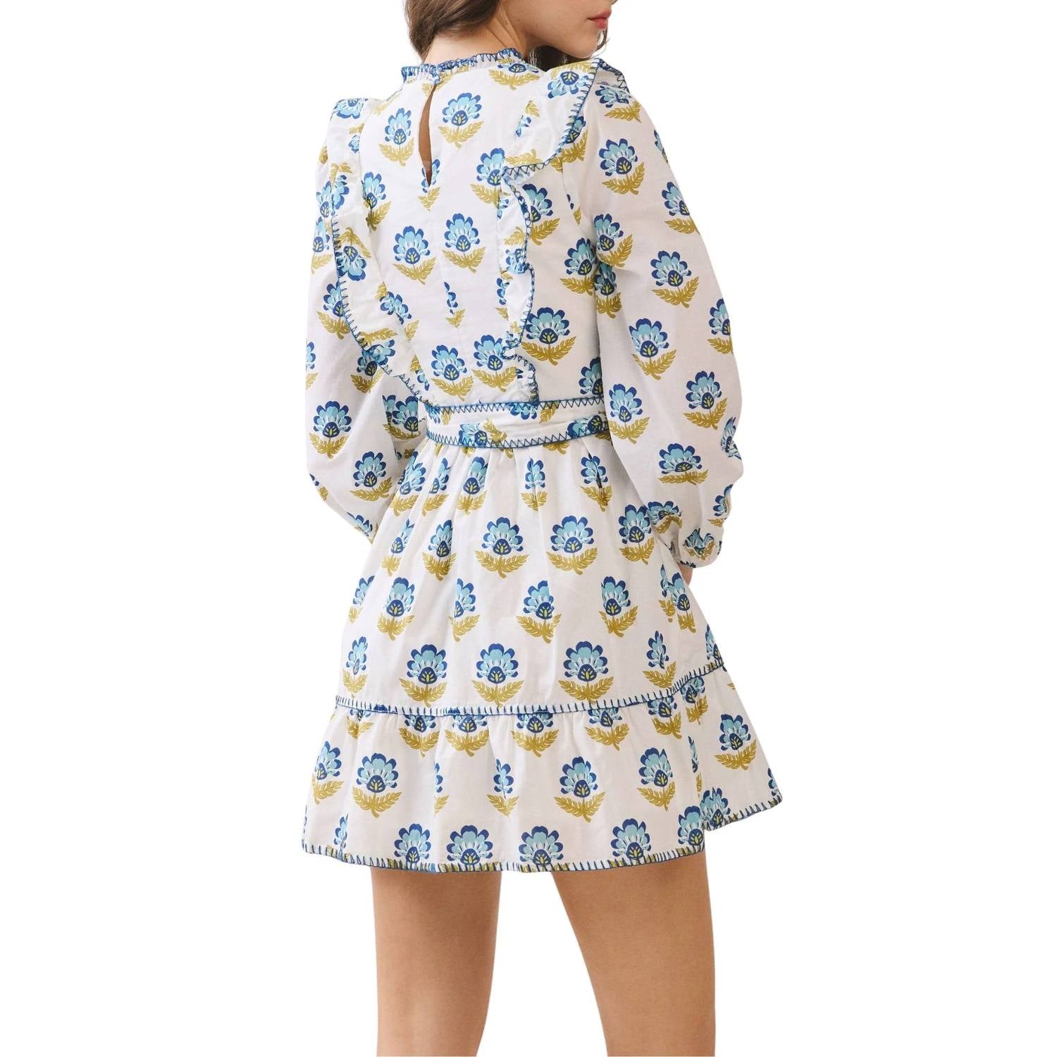 Tcec - Floral Print Ruffle Accents Self Tie Mini Dress