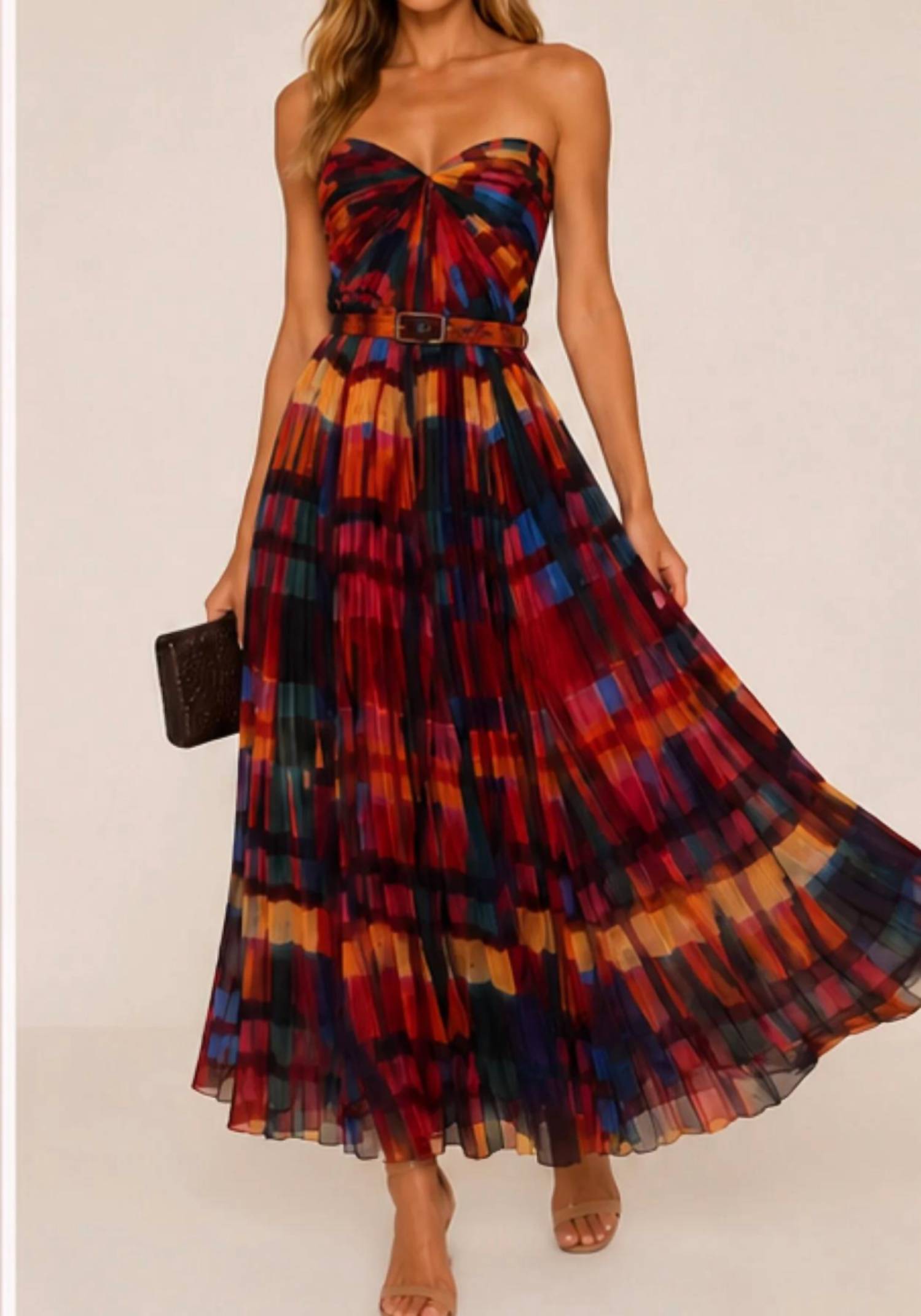Hutch - Strapless Pleated Printed Belted Midi Dress