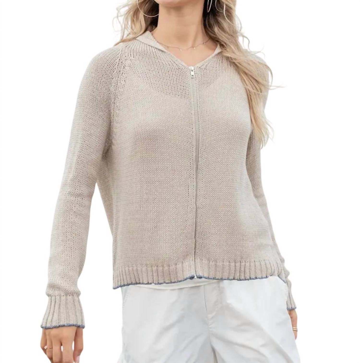 Wooden Ships Tipped Zip Long Sleeve Hoodie in khaki breaker white - women's top