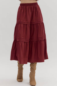 entro Pleated Tiered Midi Skirt in burgundy - women's skirt - detail view