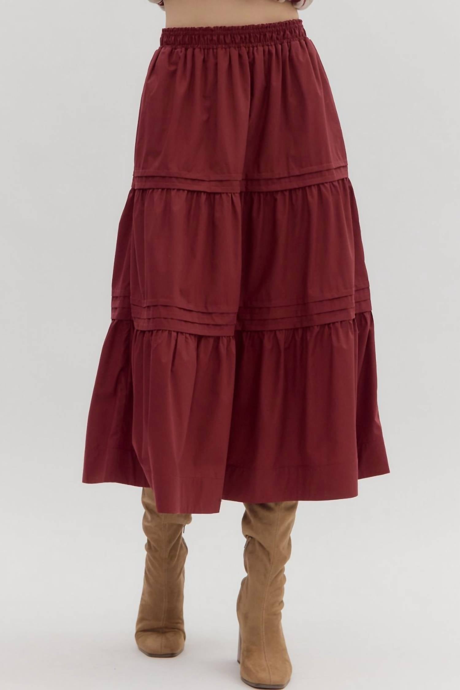 entro Pleated Tiered Midi Skirt in burgundy - women's skirt - detail view