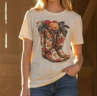 Bling A Gogo Floral Boots With Rhinestone Crew Tee in natural - women's t-shirt