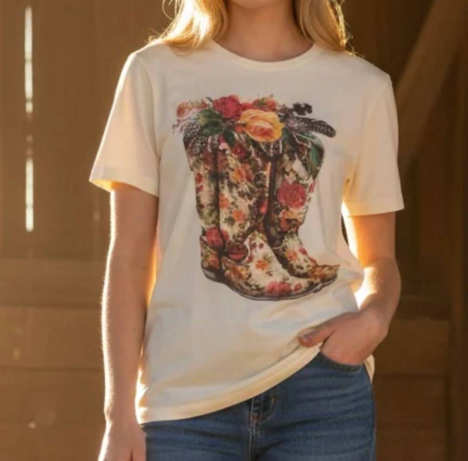 Bling A Gogo Floral Boots With Rhinestone Crew Tee in natural - women's t-shirt