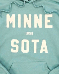 218 Clothing + Gift Unisex - Minnesota Hoodie in dusty blue green - women's top - detail view