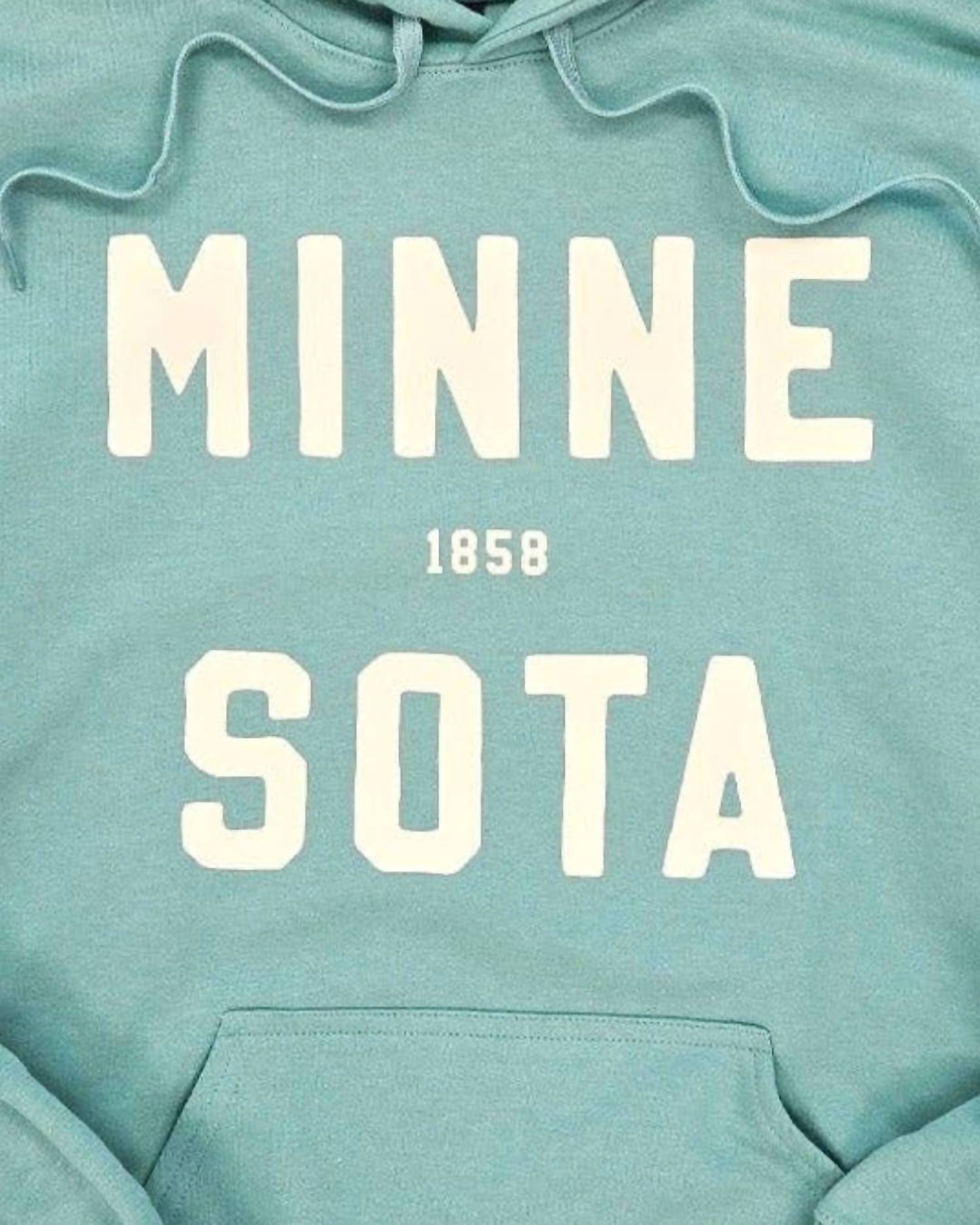 218 Clothing + Gift Unisex - Minnesota Hoodie in dusty blue green - women's top - detail view